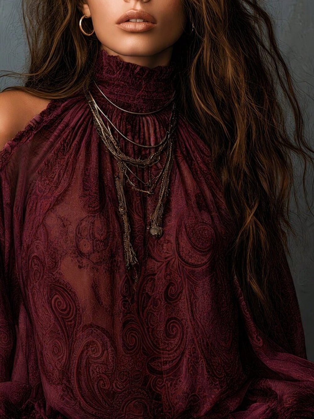 Burgundy Elegant Women's cold shoulder blouse - Picture 3 of 5